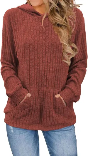 Winter Striped Hooides for Women Casual Loose Solid Hooded Long Sleeve Knitted Textured T Shirts Loose Thick Sweater