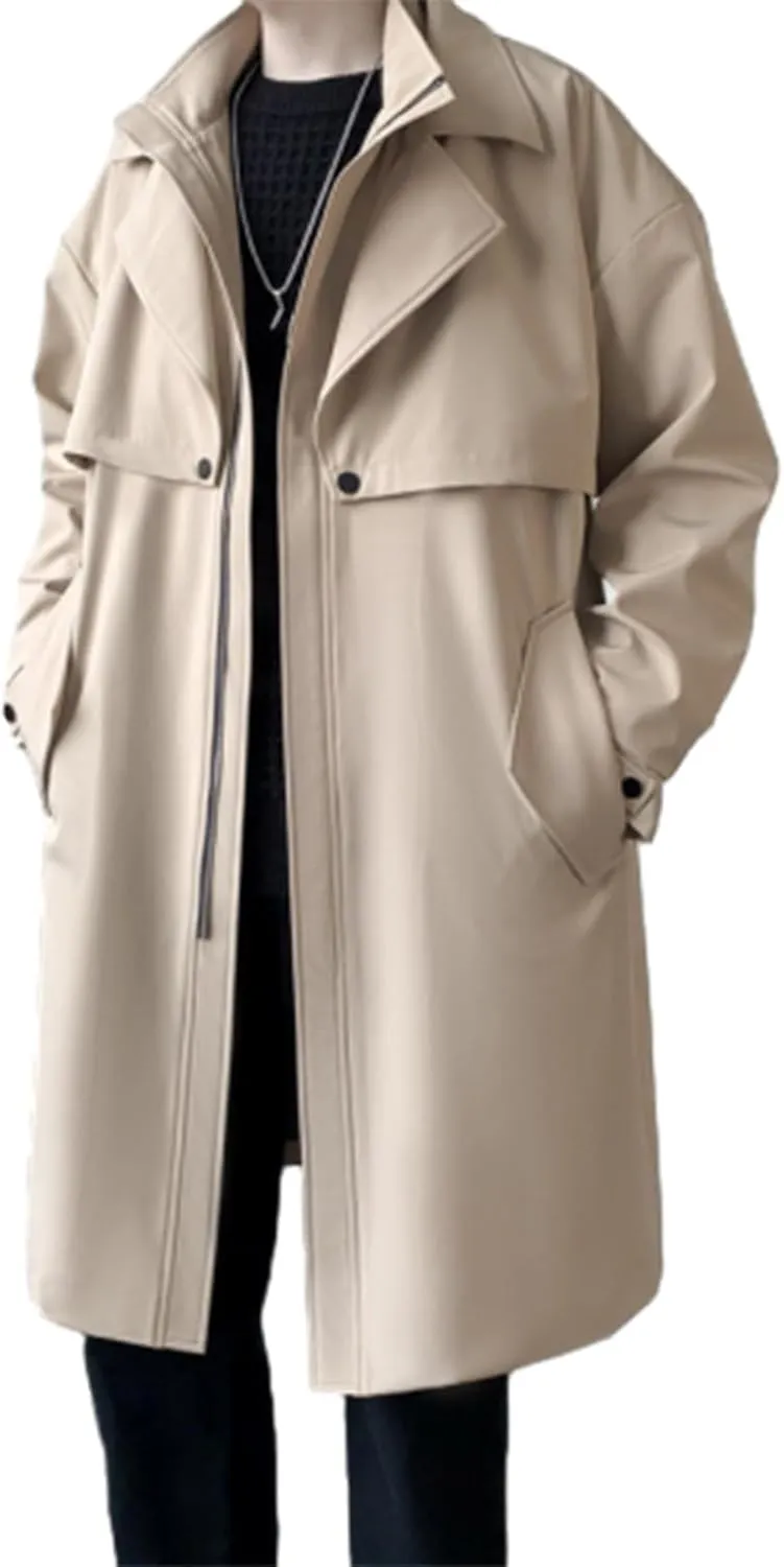 Winter Trench Coat for Men Big and Tall Wool Coat Long Pea Coat Notch Collar Cardigan Button Down Trench Coat