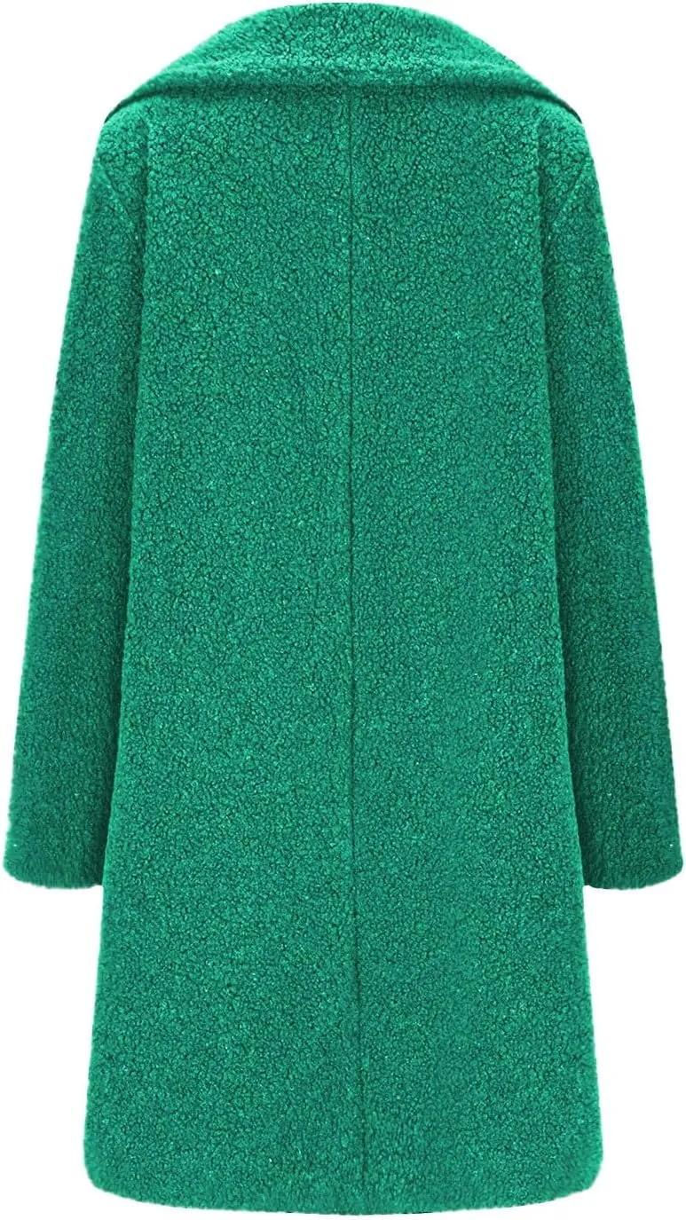 Winter Wool Coats for Women Casual Notch Lapel Open Front Trench Coat Lining Fuzzy Sherpa Fleece Jacket With Pockets