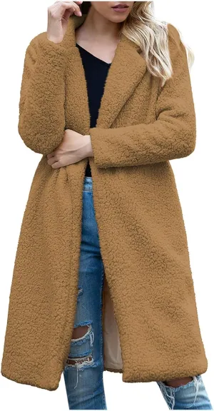 Winter Wool Coats for Women Casual Notch Lapel Open Front Trench Coat Lining Fuzzy Sherpa Fleece Jacket With Pockets