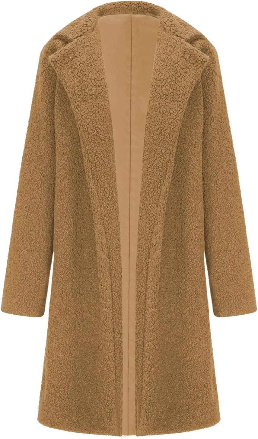 Winter Wool Coats for Women Casual Notch Lapel Open Front Trench Coat Lining Fuzzy Sherpa Fleece Jacket With Pockets
