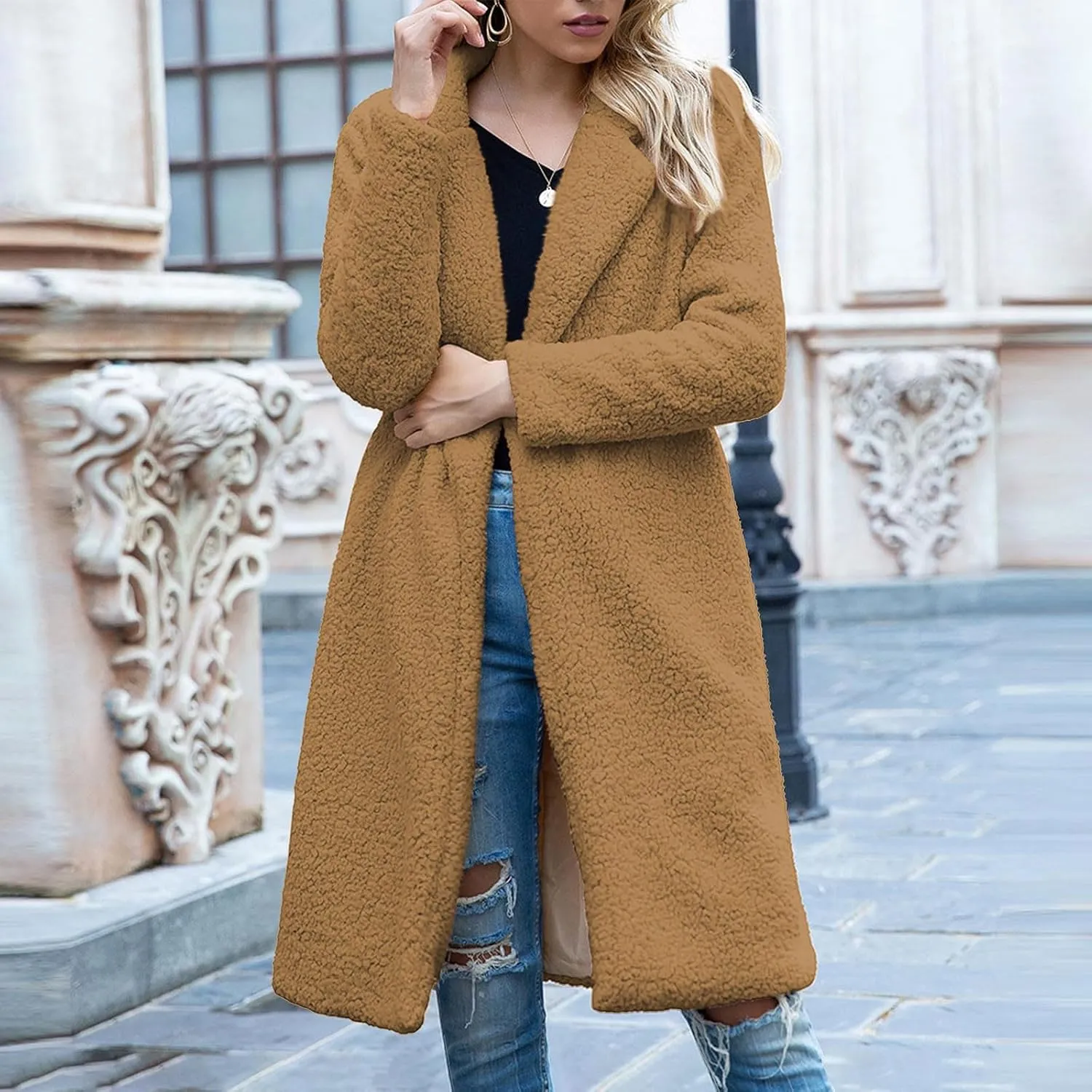 Winter Wool Coats for Women Casual Notch Lapel Open Front Trench Coat Lining Fuzzy Sherpa Fleece Jacket With Pockets