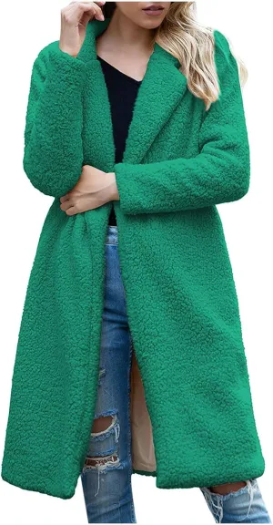 Winter Wool Coats for Women Casual Notch Lapel Open Front Trench Coat Lining Fuzzy Sherpa Fleece Jacket With Pockets