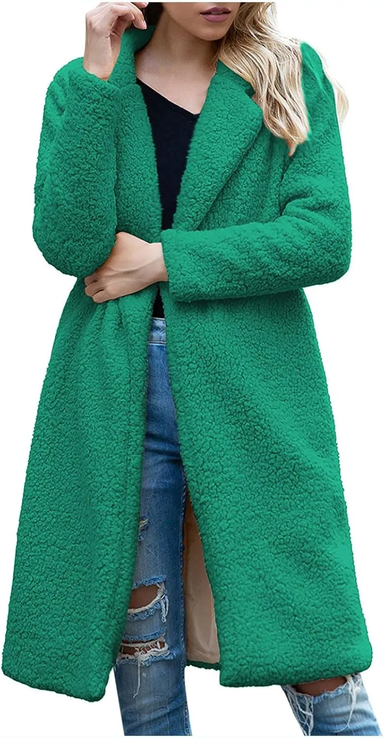 Winter Wool Coats for Women Casual Notch Lapel Open Front Trench Coat Lining Fuzzy Sherpa Fleece Jacket With Pockets