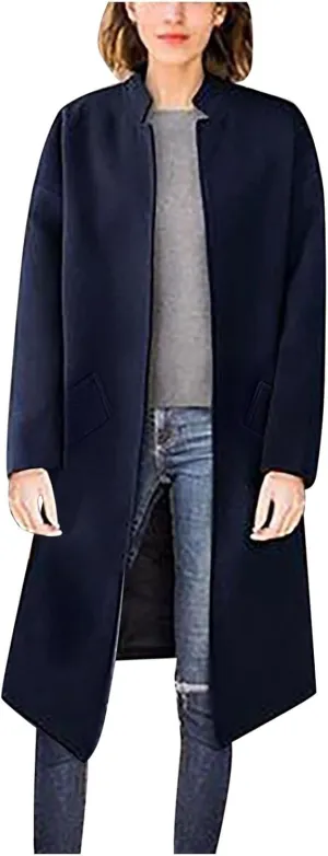 Winter Wool Coats for Women Casual Notch Lapel Single-Breasted Trench Coat Fall Winter Warm Peacoat With Pockets