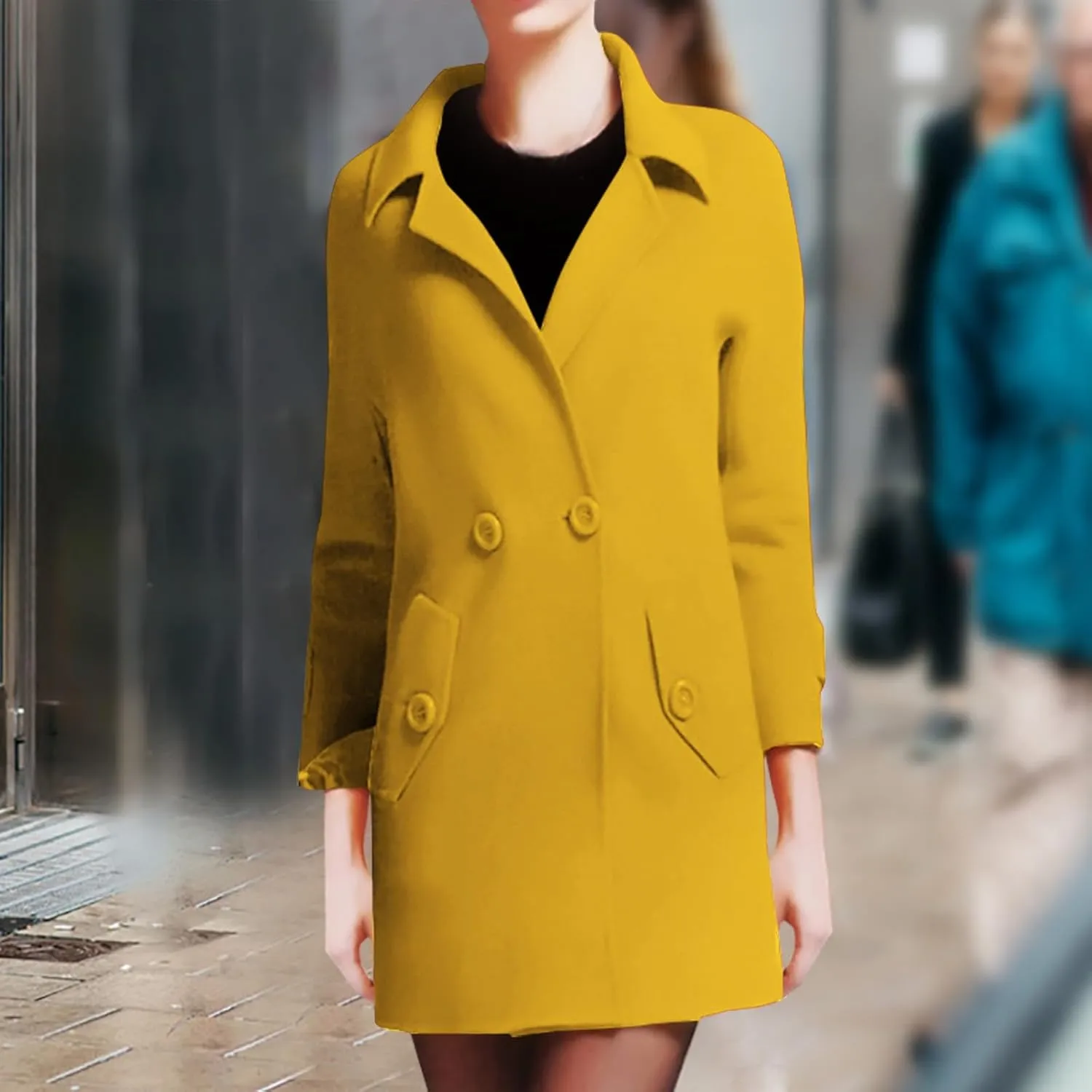 Winter Wool Coats for Women Elegant Notch Lapel Windproof Trench Coat Double-Breasted Mid-Long Pea Coats Outwear