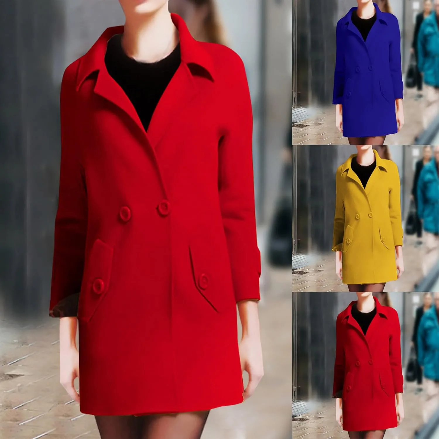 Winter Wool Coats for Women Elegant Notch Lapel Windproof Trench Coat Double-Breasted Mid-Long Pea Coats Outwear