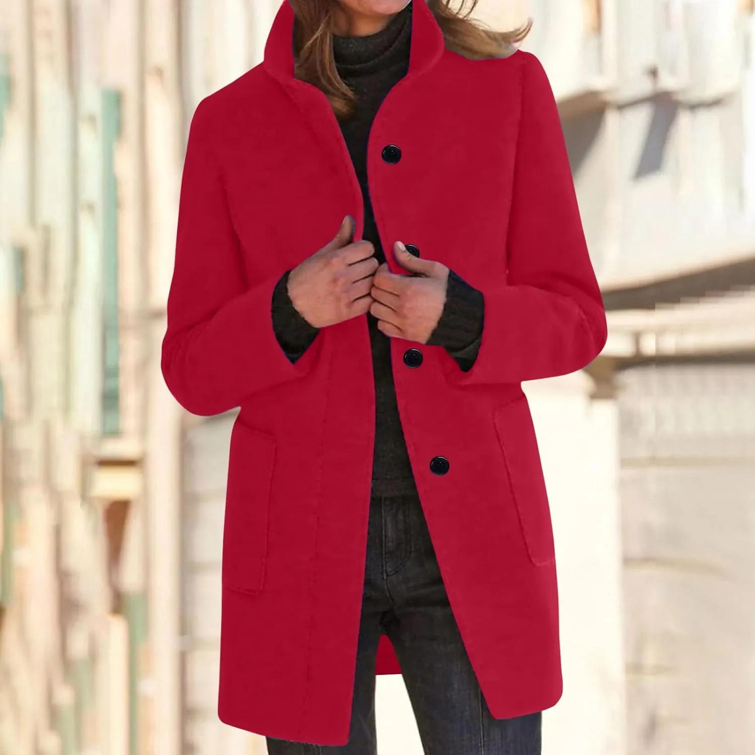 Winter Wool Pea Coat for Women Single Breasted Stand Collar Trench Coat Mid Length Loose Casual Overcoat