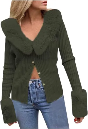 Wkishenl Women Knit Sweater Cardigan Solid Color Button Down Open Front Coat Fall Fashion Outwear with Fur Collar Cuffs Tops