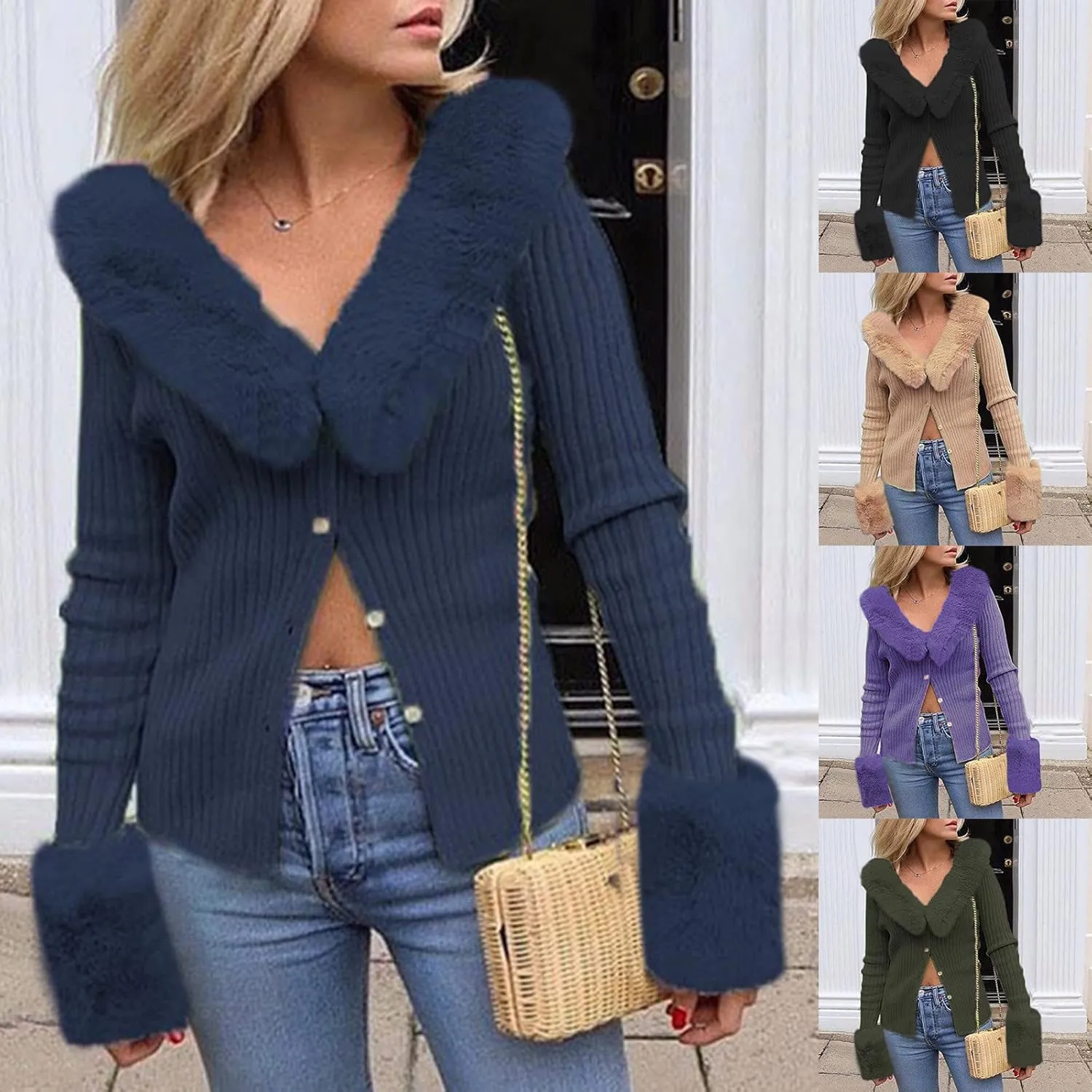 Wkishenl Women Knit Sweater Cardigan Solid Color Button Down Open Front Coat Fall Fashion Outwear with Fur Collar Cuffs Tops