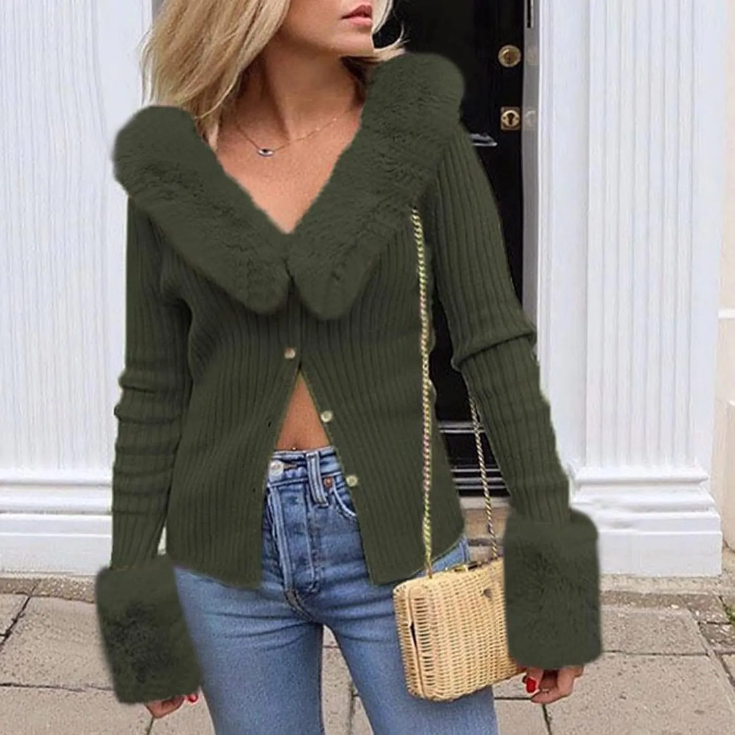 Wkishenl Women Knit Sweater Cardigan Solid Color Button Down Open Front Coat Fall Fashion Outwear with Fur Collar Cuffs Tops