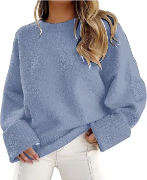 Women Crewneck Oversized Sweaters Long Sleeve Fuzzy Knit Chunky Pullover Sweater Tops Solid Winter Warm Casual Jumpers