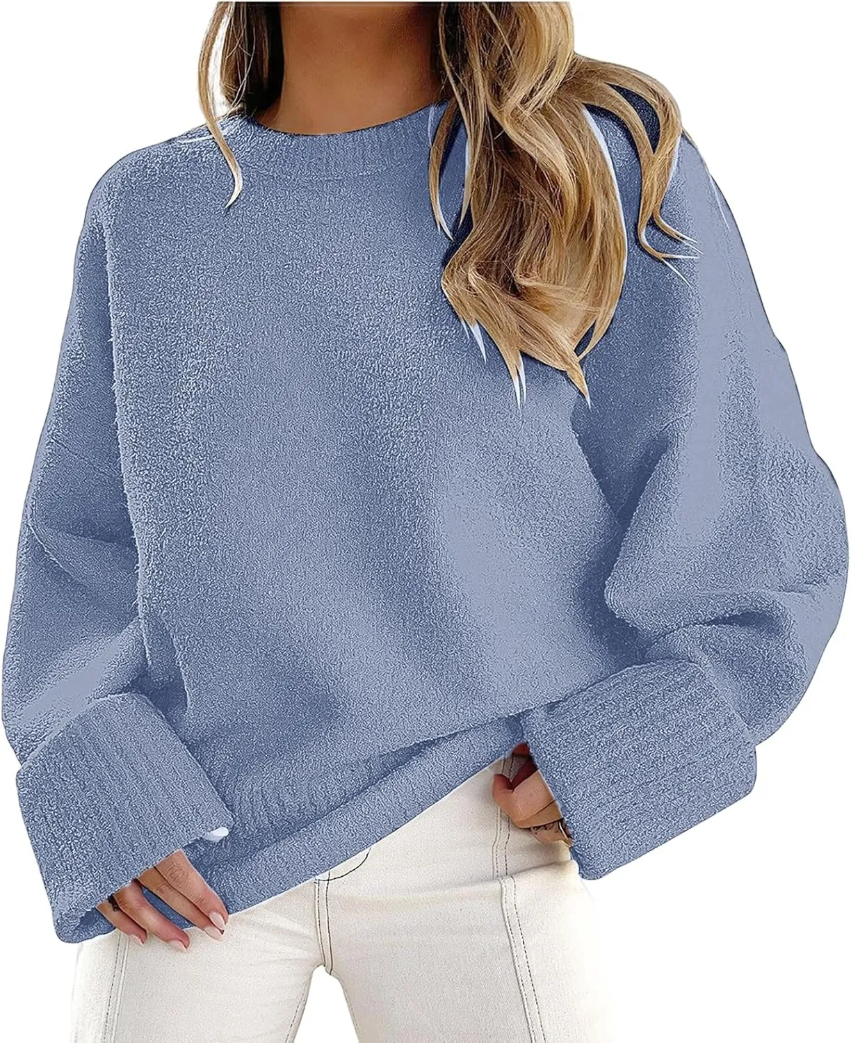 Women Crewneck Oversized Sweaters Long Sleeve Fuzzy Knit Chunky Pullover Sweater Tops Solid Winter Warm Casual Jumpers