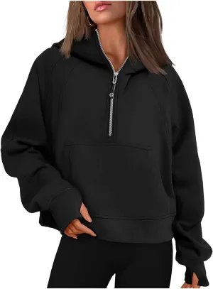 Women Cropped Hoodies Fleece Half Zip Pullover Hooded Sweatshirts 2023 Trendy Quarter Zip Up Tops Casual Crop Top