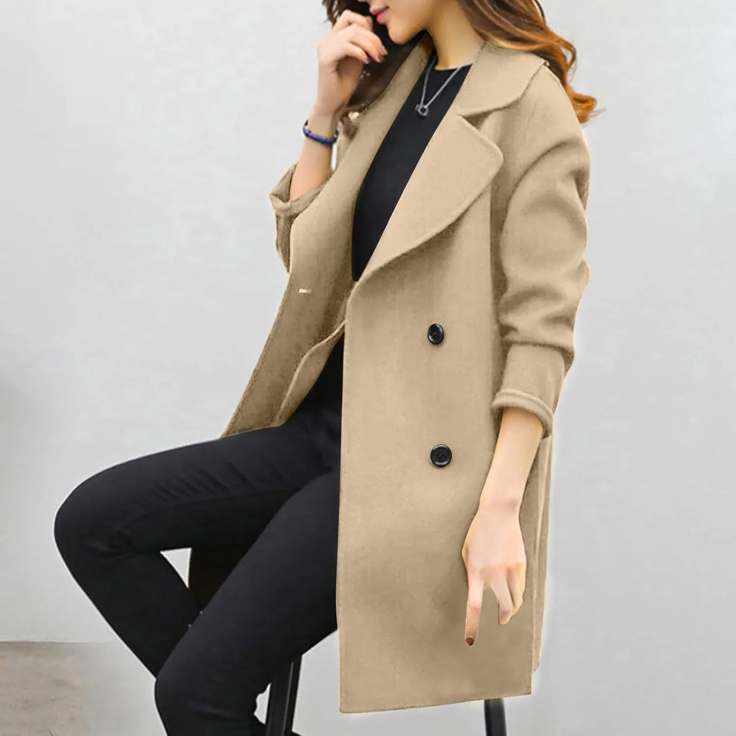 Women Elegant Notched Collar Double Breasted Wool Blend Over Coat Long Sleeve Warm Winter Mid Long Jacket 2024