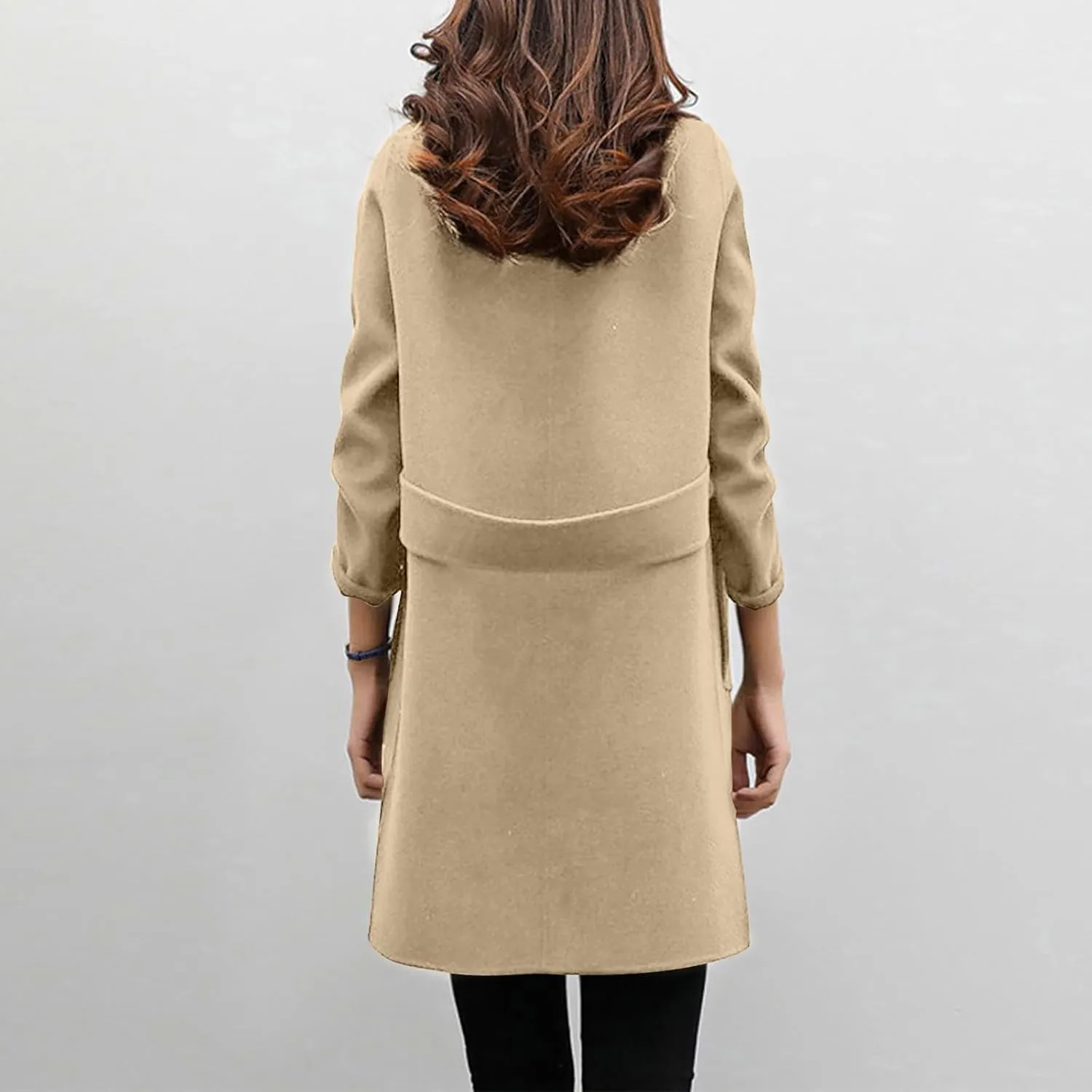Women Elegant Notched Collar Double Breasted Wool Blend Over Coat Long Sleeve Warm Winter Mid Long Jacket 2024