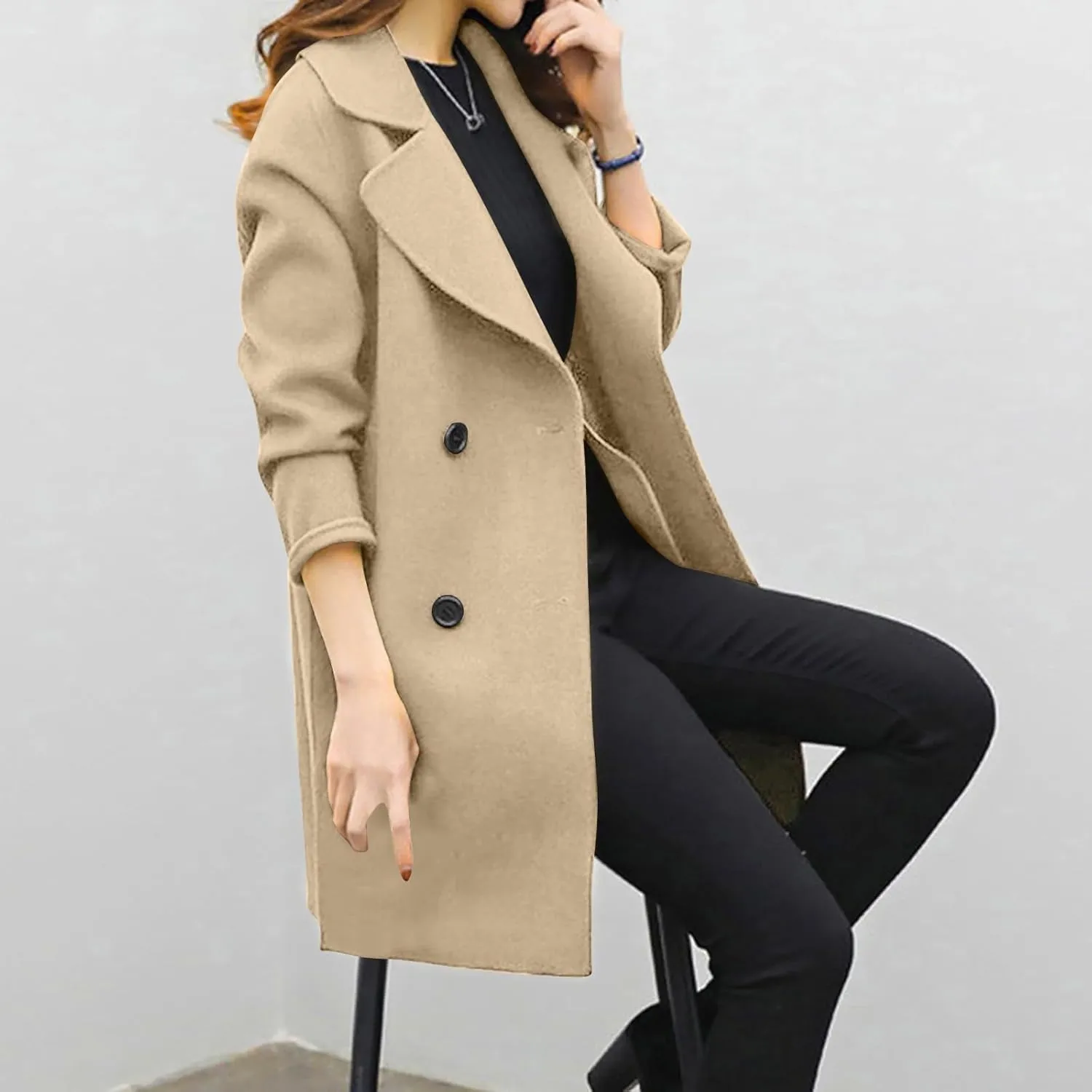 Women Elegant Notched Collar Double Breasted Wool Blend Over Coat Long Sleeve Warm Winter Mid Long Jacket 2024