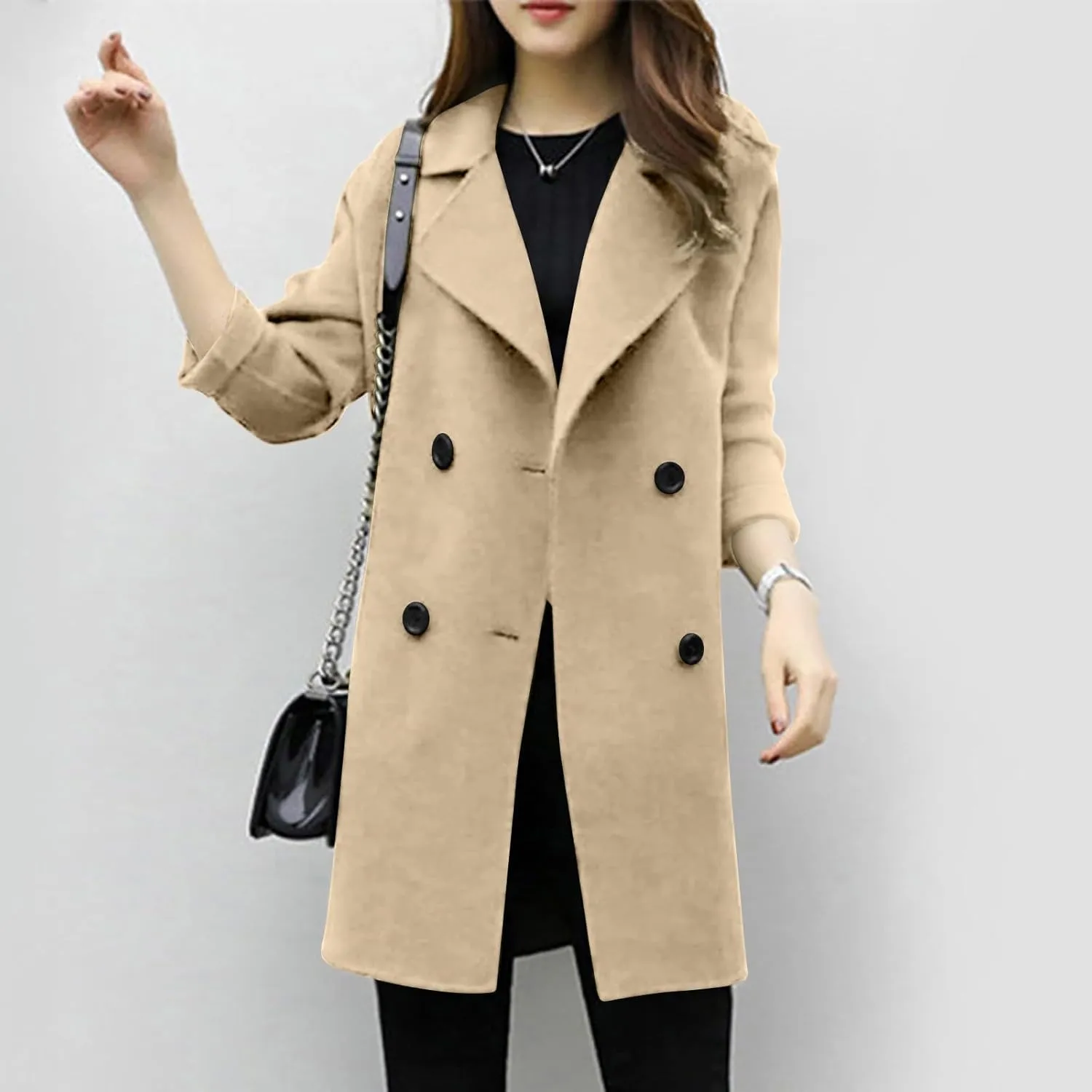 Women Elegant Notched Collar Double Breasted Wool Blend Over Coat Long Sleeve Warm Winter Mid Long Jacket 2024