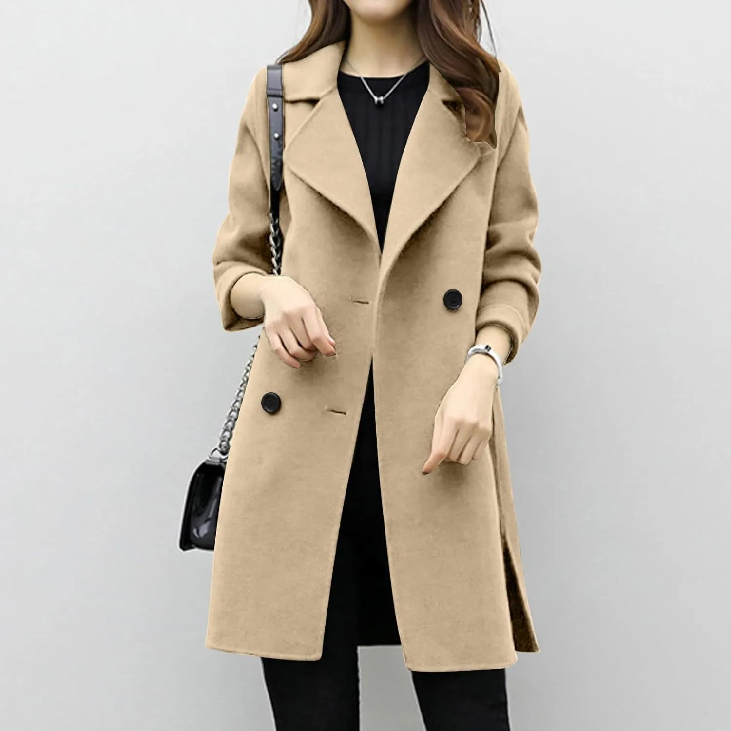 Women Elegant Notched Collar Double Breasted Wool Blend Over Coat Long Sleeve Warm Winter Mid Long Jacket 2024