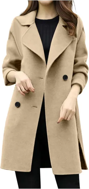 Women Elegant Notched Collar Double Breasted Wool Blend Over Coat Long Sleeve Warm Winter Mid Long Jacket 2024