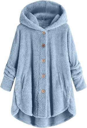 Women Hooded Fuzzy Jacket Oversized Fleece Sherpa Jacket Thicken Warm Jacket Botton Overcoat with Fur Hood S-5XL