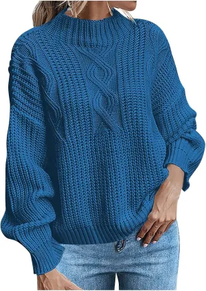 Women Long Sleeve Cable Knit Sweater Crewneck Loose Casual Pullovers Warm Lightweight Sweaters