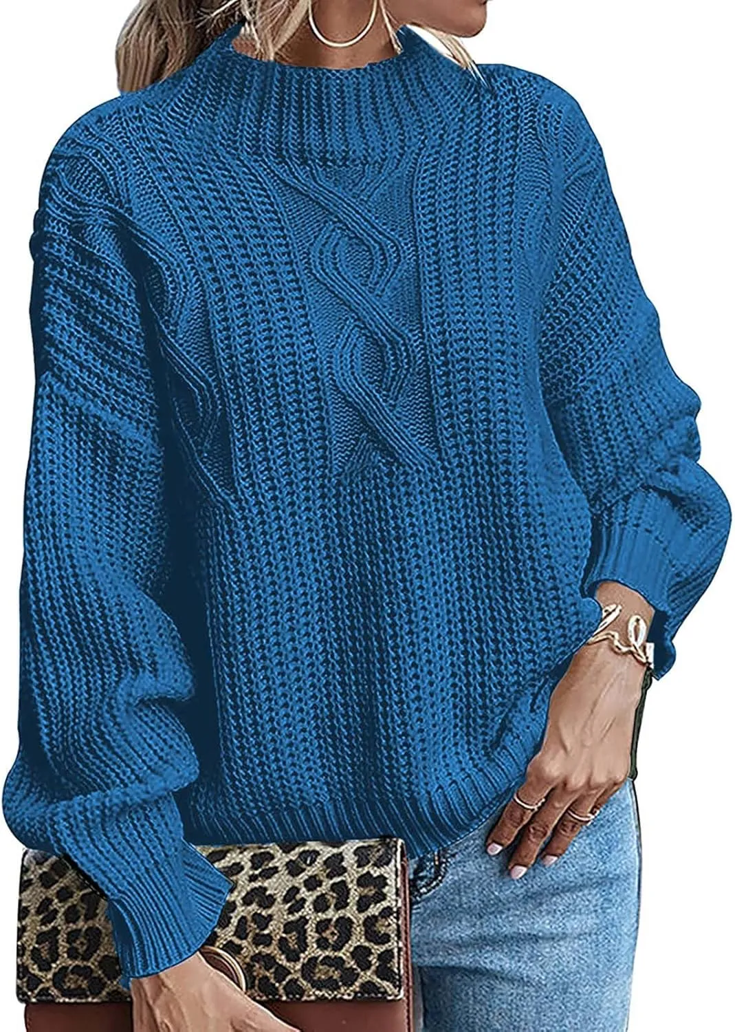Women Long Sleeve Cable Knit Sweater Crewneck Loose Casual Pullovers Warm Lightweight Sweaters