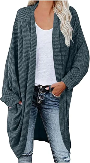Women Long Sleeve Cardigan 2023 Open Front Solid Color Chunky Knit Sweaters Oversized Slouchy Dropped Outerwear Coat