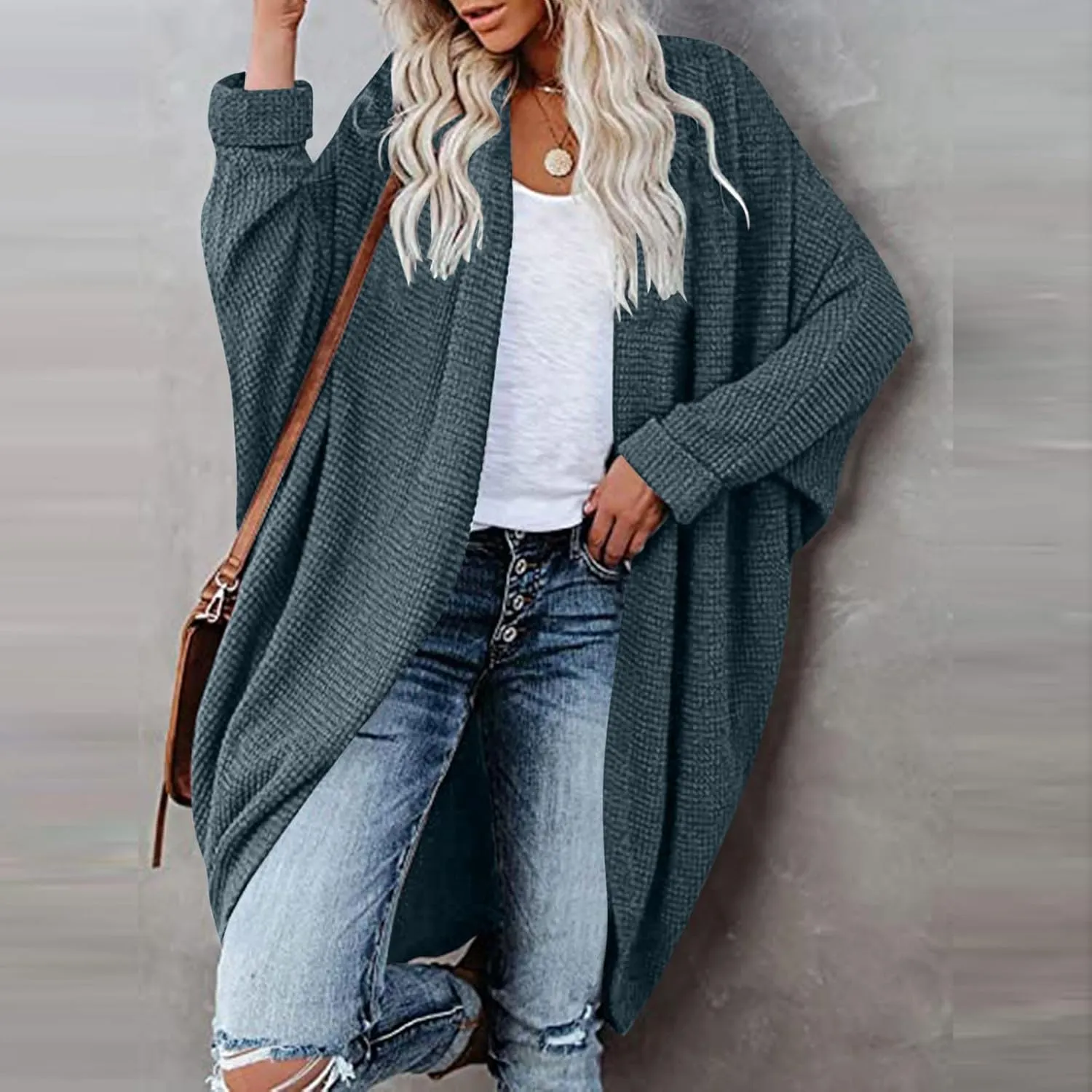 Women Long Sleeve Cardigan 2023 Open Front Solid Color Chunky Knit Sweaters Oversized Slouchy Dropped Outerwear Coat