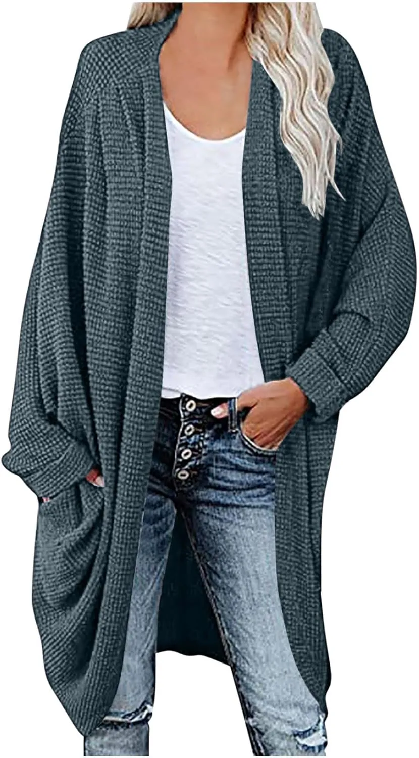 Women Long Sleeve Cardigan 2023 Open Front Solid Color Chunky Knit Sweaters Oversized Slouchy Dropped Outerwear Coat