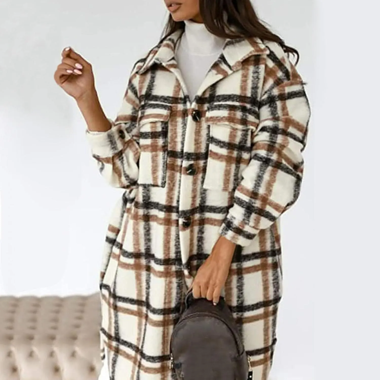 Women Long Sleeve Plaid Print Button Open Front Long Coat Cardigan Outerwear Leopard Kimono