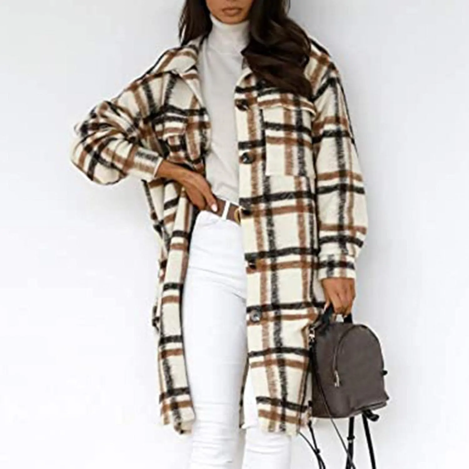 Women Long Sleeve Plaid Print Button Open Front Long Coat Cardigan Outerwear Leopard Kimono