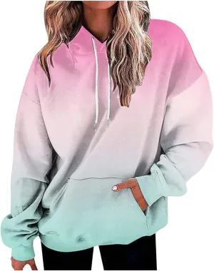 Women Oversized Hoodies&Sweatshirt,Fashion Gradient/Floral Pattern Drawstring Hooded Pullover Tops Fall Clothes