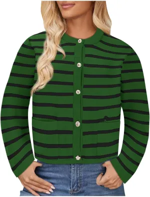 Women Striped Cardigan Sweaters Button Down Open Front Cropped Cardigan Knit Lady Jackets Coat 2024 Fall Outfits
