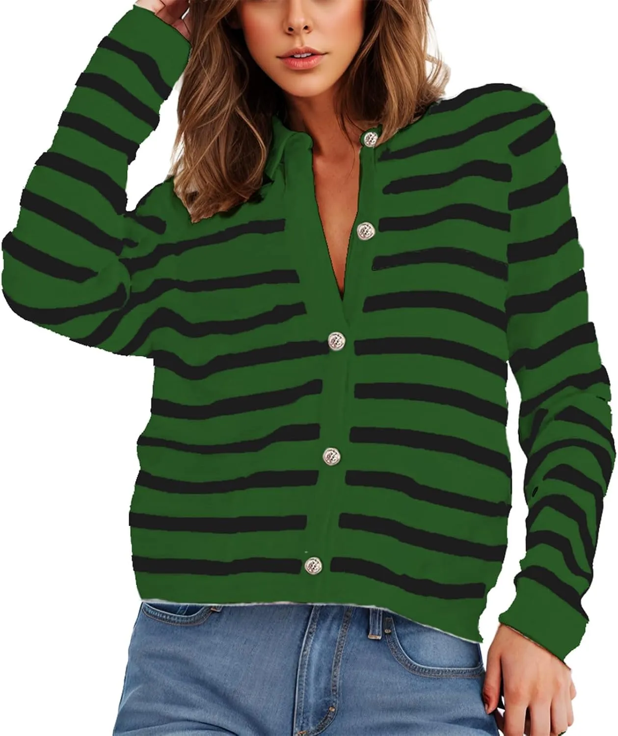 Women Striped Cardigan Sweaters Button Down Open Front Cropped Cardigan Knit Lady Jackets Coat 2024 Fall Outfits