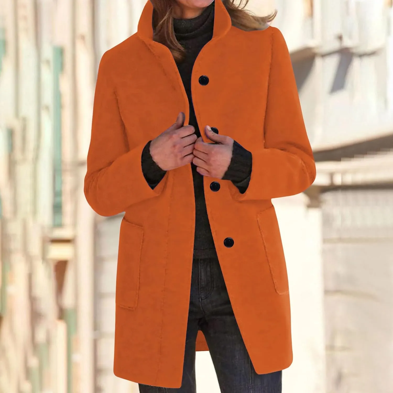 Women Trench Coat Casual Single Breasted Midi Peacoat Trench Coats Fall Winter Wool Coats with Pockets