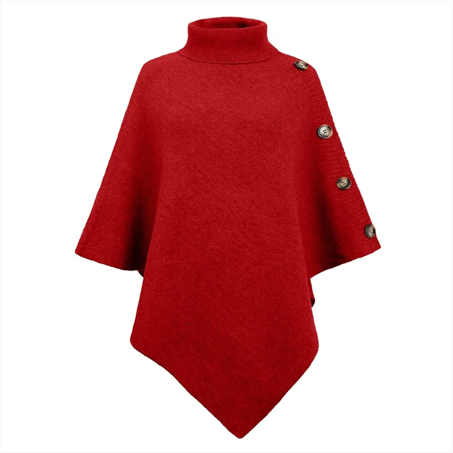 Women Turtleneck Poncho Sweater Button Knit Cape Irregular Hem Wrap Sweater 3/4 Sleeve Fall Winter Pullover Jumper