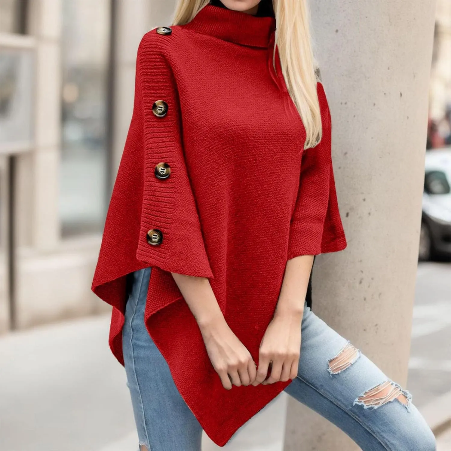 Women Turtleneck Poncho Sweater Button Knit Cape Irregular Hem Wrap Sweater 3/4 Sleeve Fall Winter Pullover Jumper