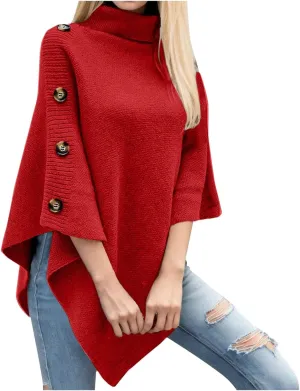 Women Turtleneck Poncho Sweater Button Knit Cape Irregular Hem Wrap Sweater 3/4 Sleeve Fall Winter Pullover Jumper