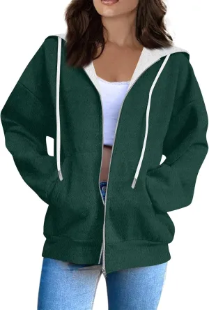 Women Winter Hoodies Zip Up Fleece Warm Sweatshirts Jacket Drawstring Long Sleeve Fleece Lined Hoodie Sweatshirt