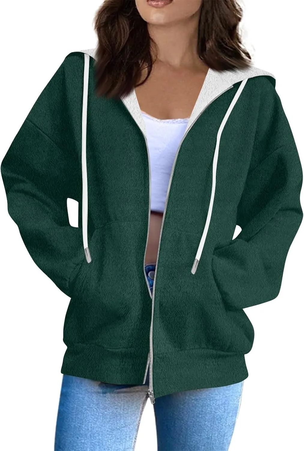 Women Winter Hoodies Zip Up Fleece Warm Sweatshirts Jacket Drawstring Long Sleeve Fleece Lined Hoodie Sweatshirt