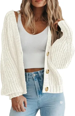 Women's 2023 Fall Open Front Chunky Knit Sweater Cardigan Oversized Basic Lantern Sleeve Button Down Cropped Outerwear