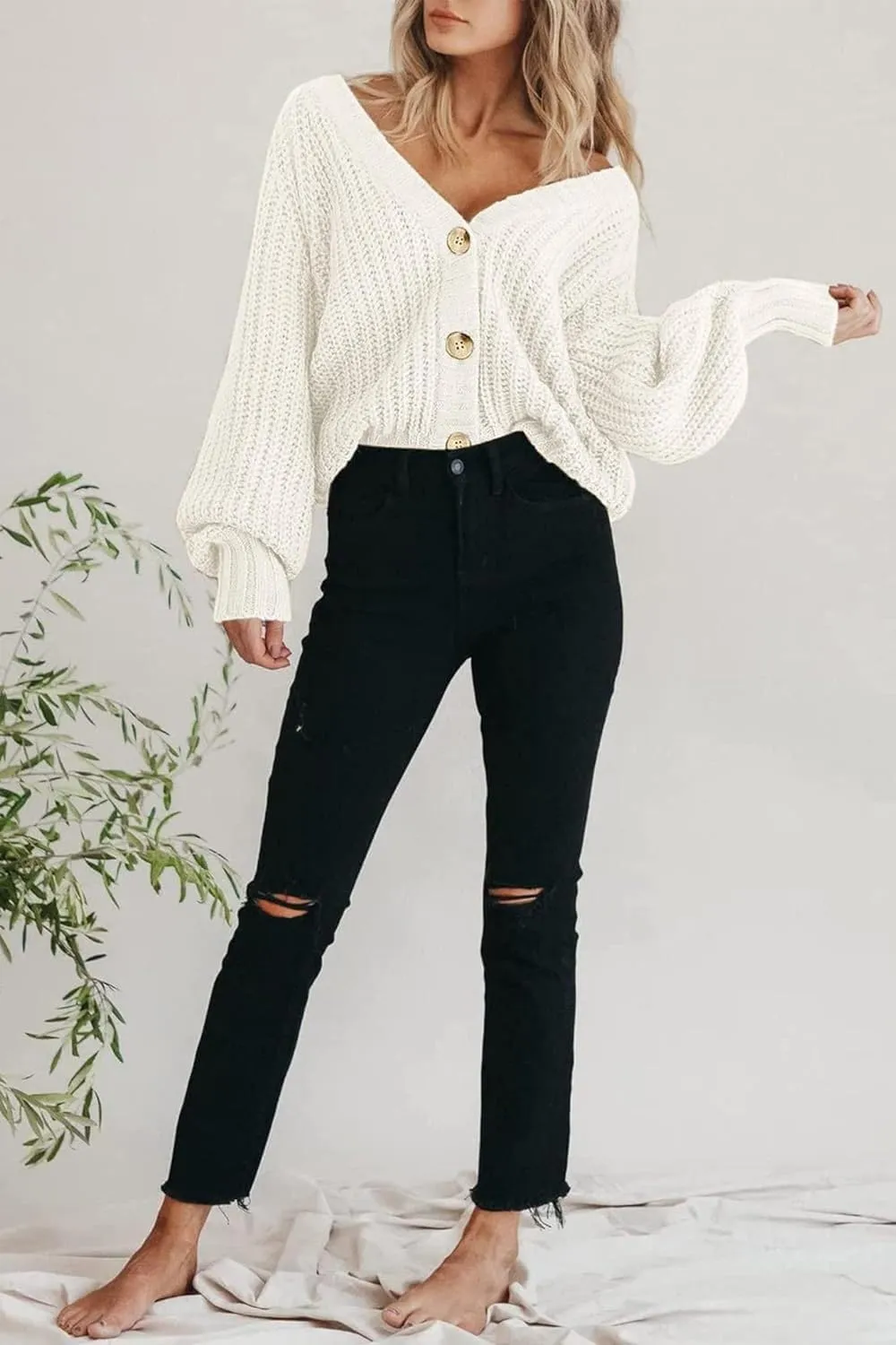 Women's 2023 Fall Open Front Chunky Knit Sweater Cardigan Oversized Basic Lantern Sleeve Button Down Cropped Outerwear