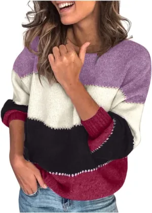 Women's 2024 Fall Winter Long Sleeve Knit Sweater Turtleneck Striped Loose Fit Pullover Tops with Metal Buttons