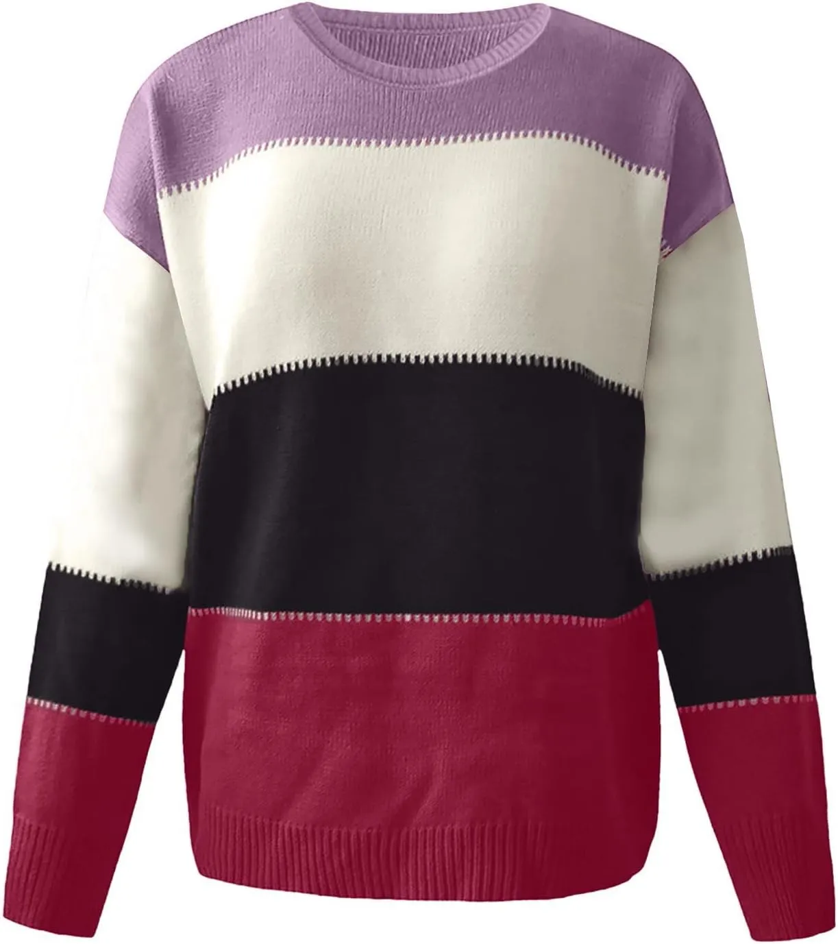 Women's 2024 Fall Winter Long Sleeve Knit Sweater Turtleneck Striped Loose Fit Pullover Tops with Metal Buttons