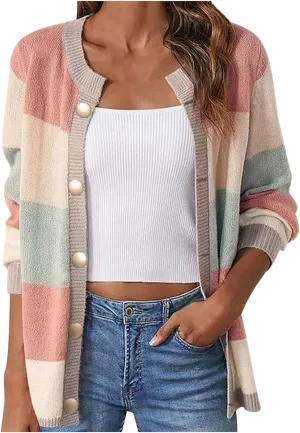 Women's 2024 Long Sleeve Cardigan Cable Knit Sweater Button Down Open Front Color Block Outwear Coat with Pockets