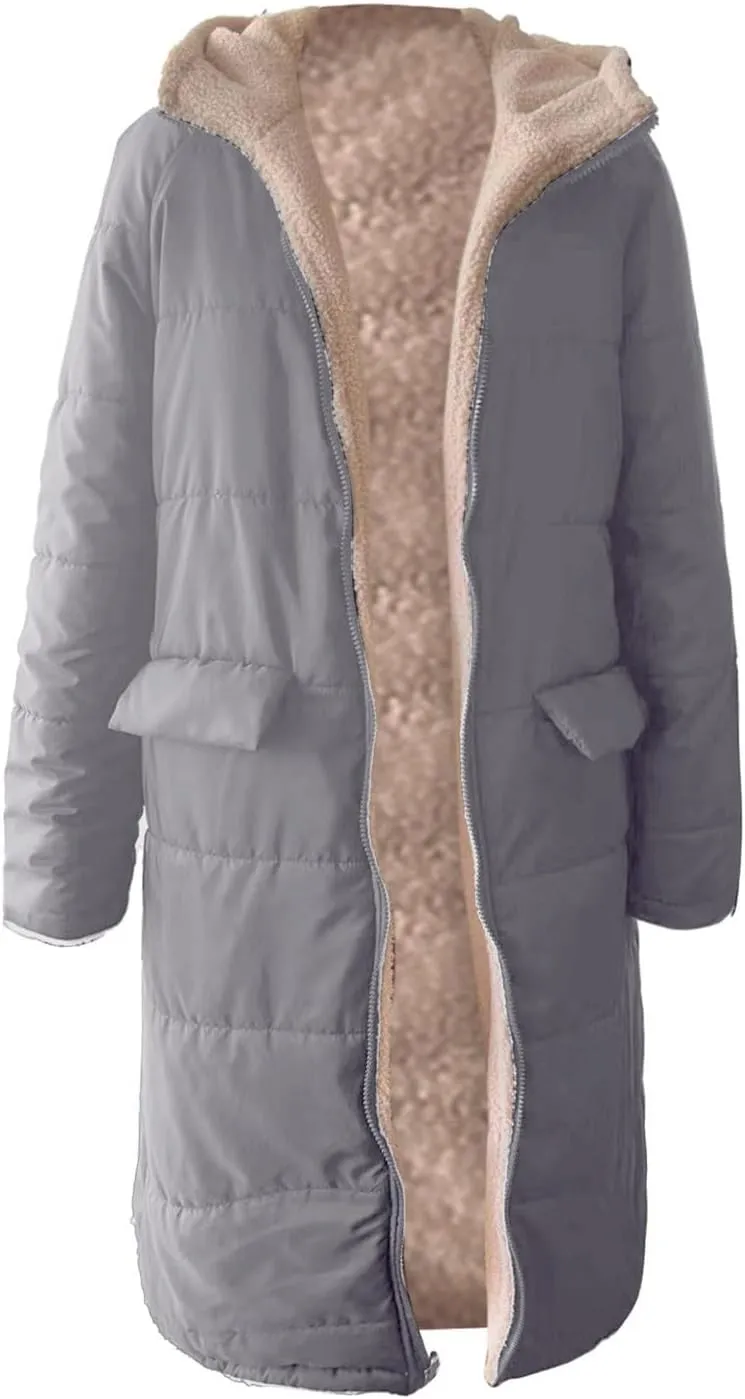 Women's 2024 Winter Down Jacket Fleece Lined Hooded Zip Up Oversized Long Puffer Jackets Thick Warm Quilted Down Coat
