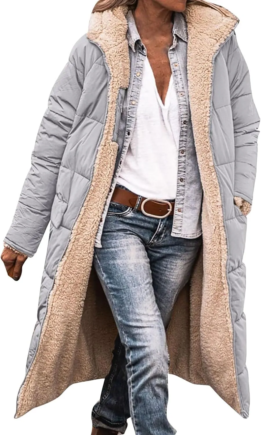 Women's 2024 Winter Down Jacket Fleece Lined Hooded Zip Up Oversized Long Puffer Jackets Thick Warm Quilted Down Coat