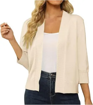 Women's 3/4 Sleeve Cropped Cardigan Sweater Open Front Solid Knitted Short Shrugs Cardigans Lightweight Sweaters