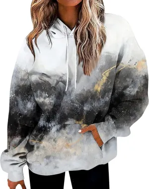 Womens Autumn Sweatshirts 2023 Casual Ethnic Style Print Hooded Tops Long Sleeve Loose Fit Vintage Sweatshirt